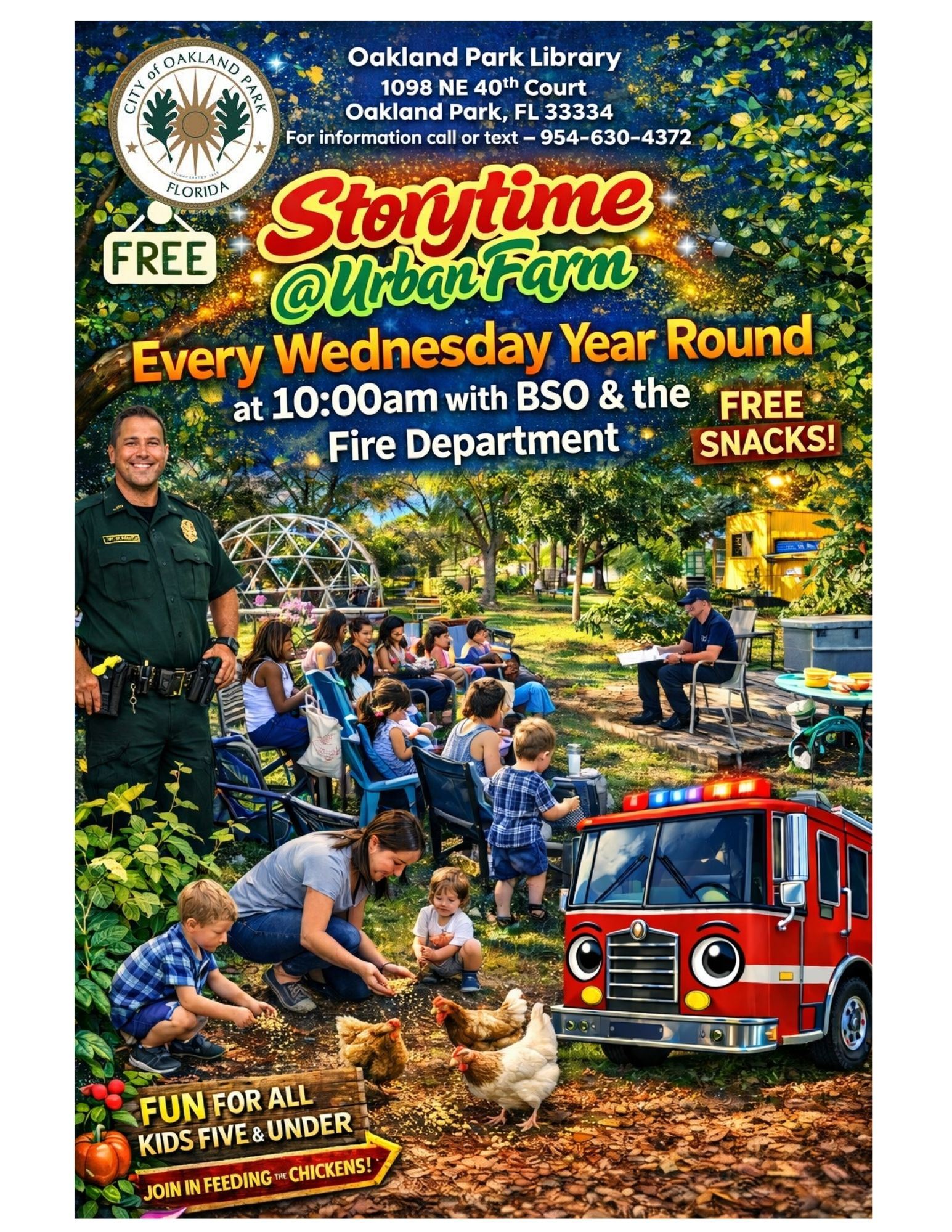 Oakland park library storytime flyer. Every wednesday at 10am. 