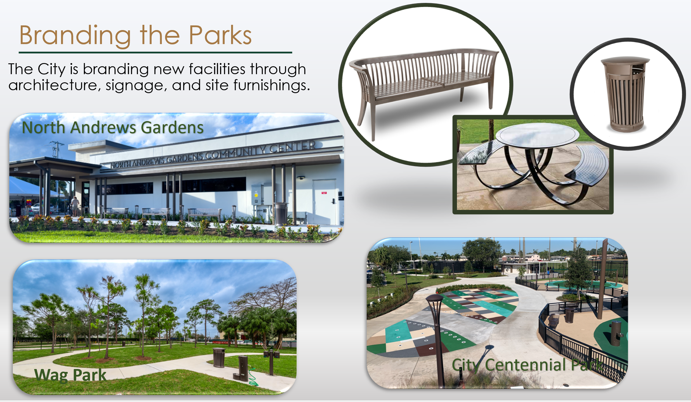 Photos of furnishings at city parks 