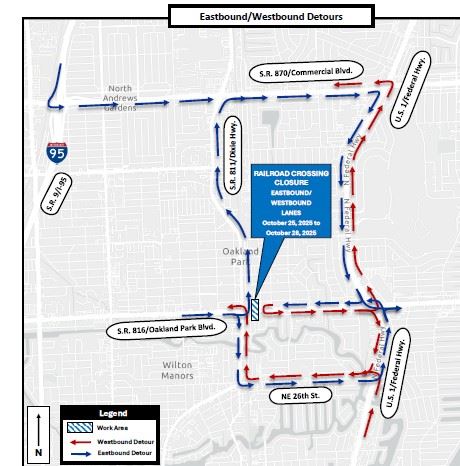 Map showing detour for closure on Oakland Park Boulevard