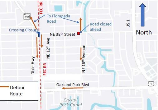 Map showing detour for closure on Park Lane East 