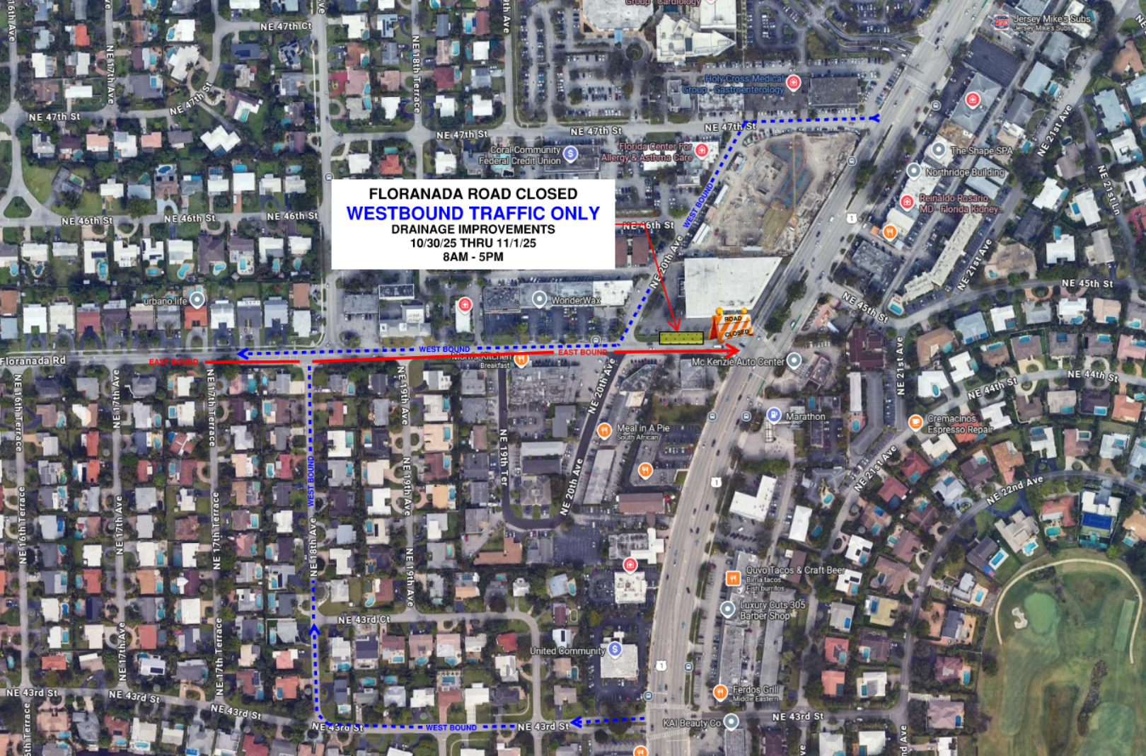 Aerial map of Federal Highway showing closure on Floranada Road